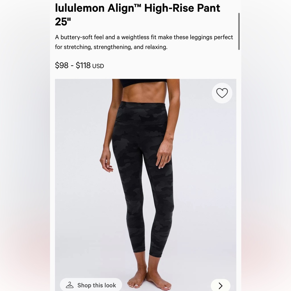lululemon Align Camo High-Rise Leggings 25” size 14